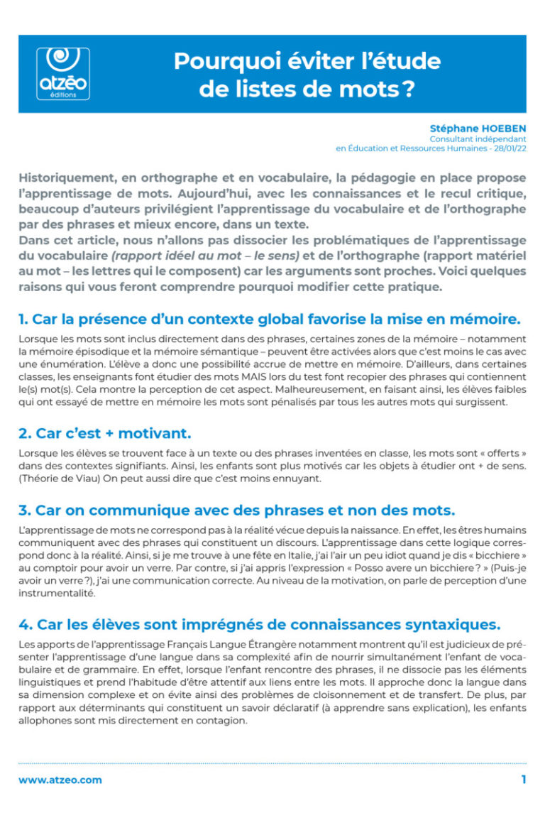 Pourquoi éviter l’étude de listes de mots ?