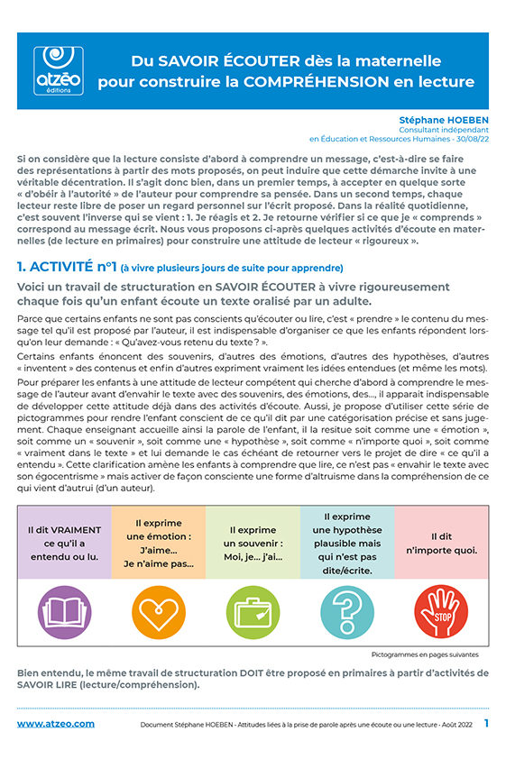 Du savoir écouter dès la maternelle pour construire la compréhension en lecture