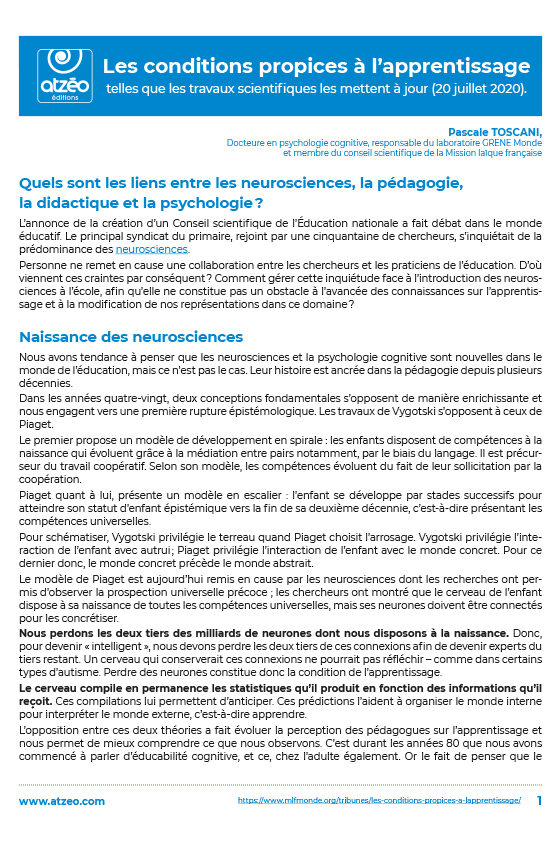 Article Les conditions propices à l'apprentissage