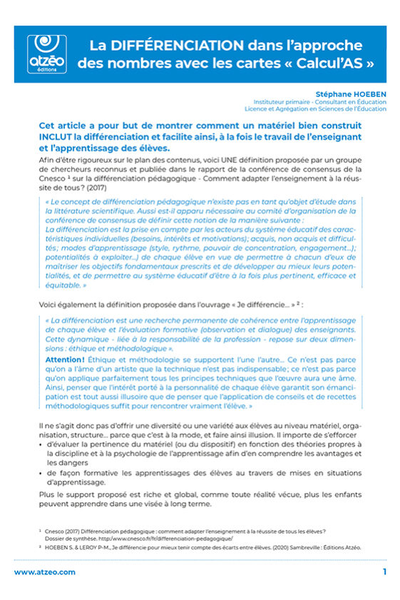 La différenciation avec les cartes Calcul'As