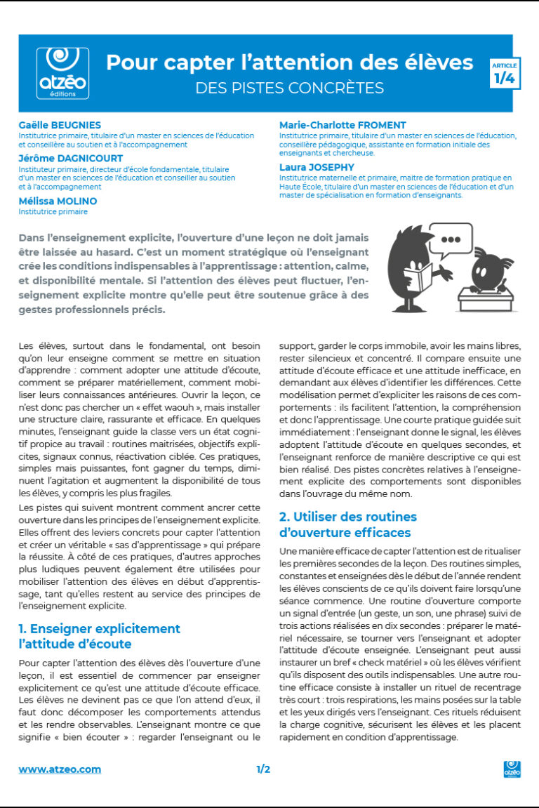 Article “Pour capter l'attention des élèves”